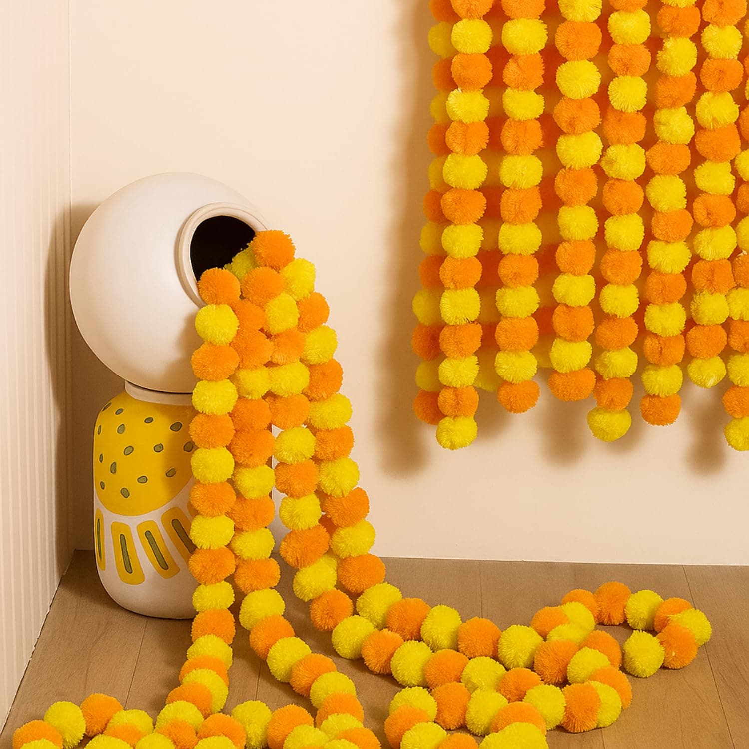 Artificial Marigold Garland Flowers for Decoration – 5 Feet Long (Pack of 5) – Reusable Fluffy Garlands for Diwali, Wedding, Pooja, Home & Festive Decor (Orange & Yellow)