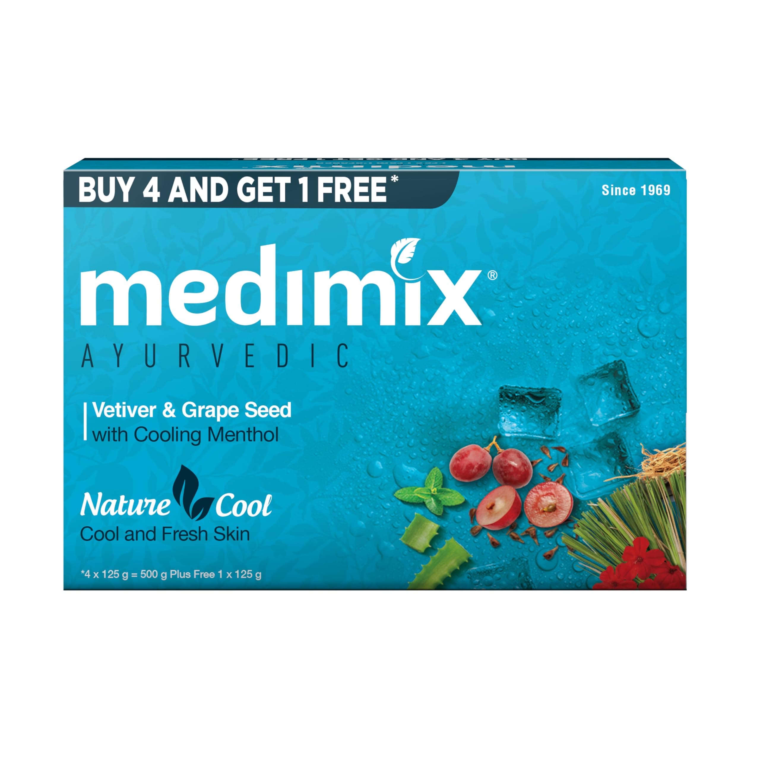 Medimix Ayurvedic Cool Bathing Soap With Menthol, Vetiver & Grape Seed 125Gm (Buy 4 And Get 1 Extra Combo Pack) | Shop Herbal | Natural | Paraben-Free & Sulphate-Free | 100% Vegan