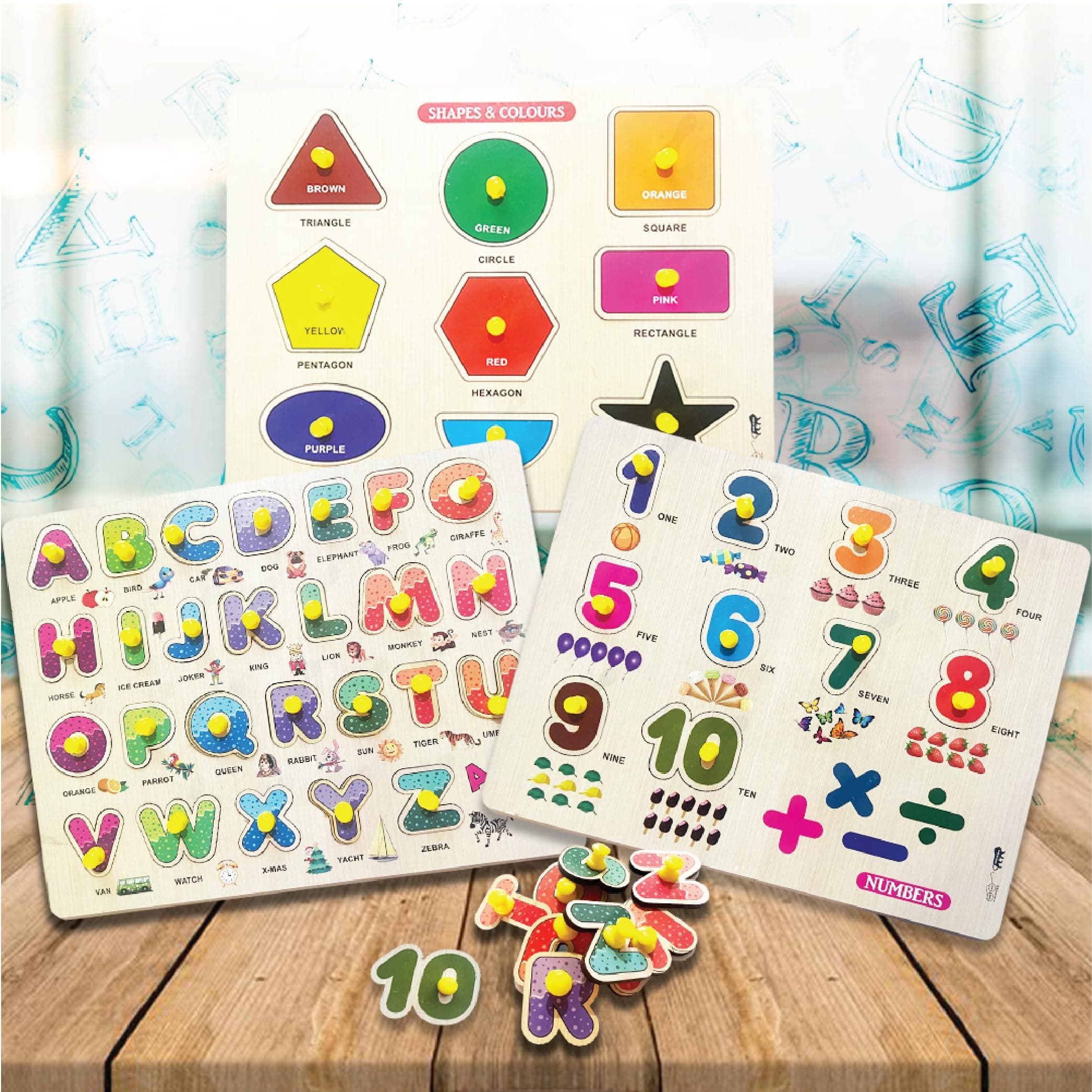 ToyMagic My Learning Activity Board Set of 3|Wooden Alphabets, NumbersIShapes|Educational Activity Toy|Matching & Sorting Board Puzzle for Pre-School Toddler Baby|Birthday Gift for 3+|Made in India
