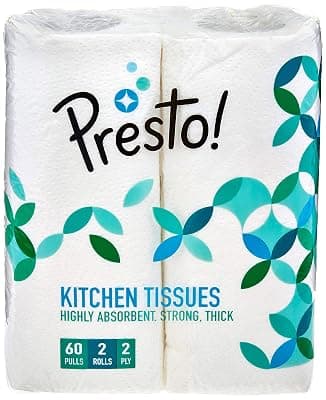 Amazon Brand - Presto! 2 Ply Kitchen Tissue Paper Roll | 120 Pulls | 60 Kitchen Towels X 2 Rolls | Soft And Highly Absorbent | 100% Natural Virgin Cellulose Fiber