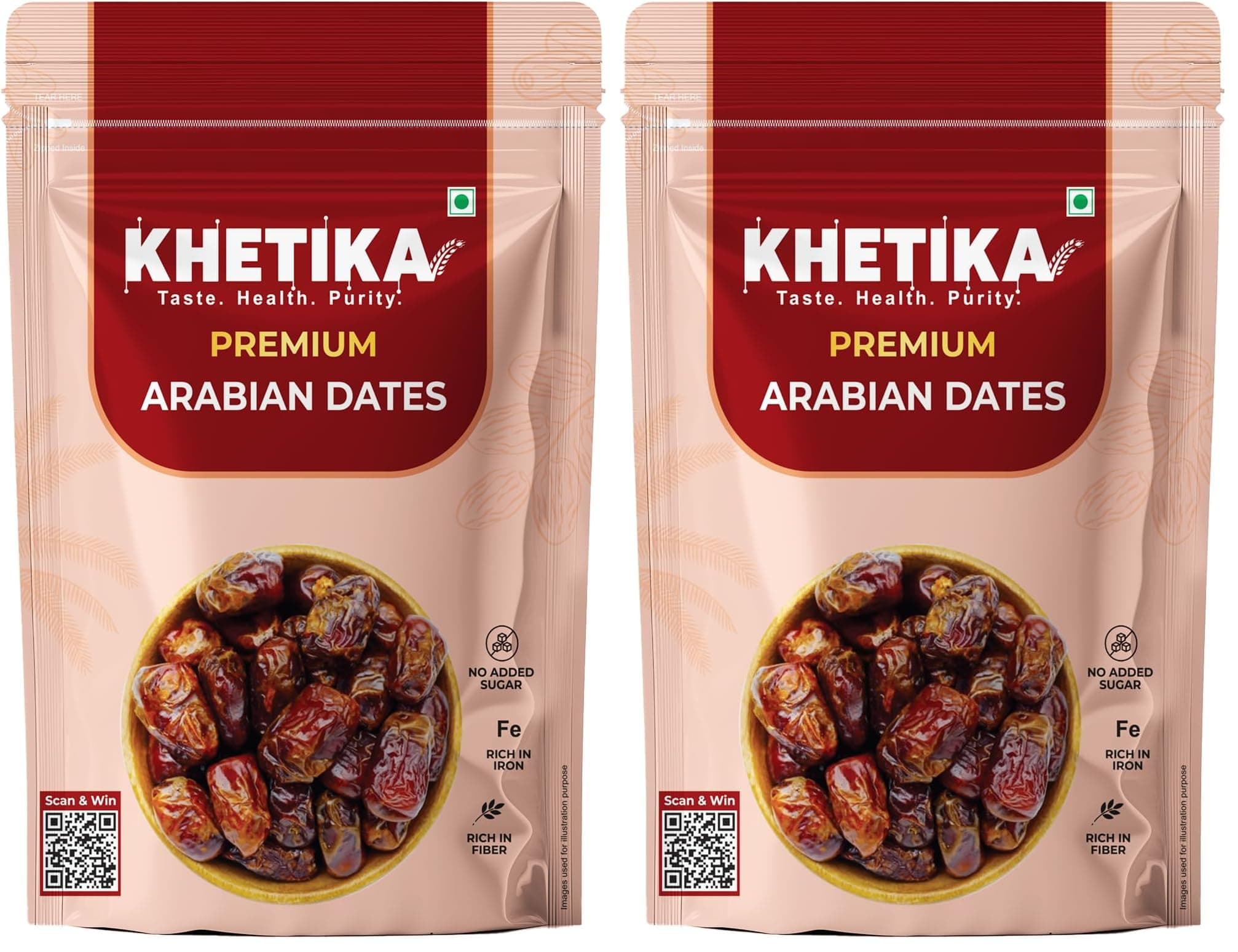 Khetika Premium Arabian Date 500g | Khajur, Khajoor | Dry Fruits | Dates in Fresh | Healthy Snacks | Rich in Fibre | No Added Sugar (Pack of 2)