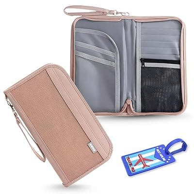 OCEANEVO RFID Blocking Passport Holder for Travel with Luggage Tag, Passport Cover for Men &amp; Women, Passport Pouch for Ticket, Cards, Documents - 25 x 14 x 3 Cm - Pink