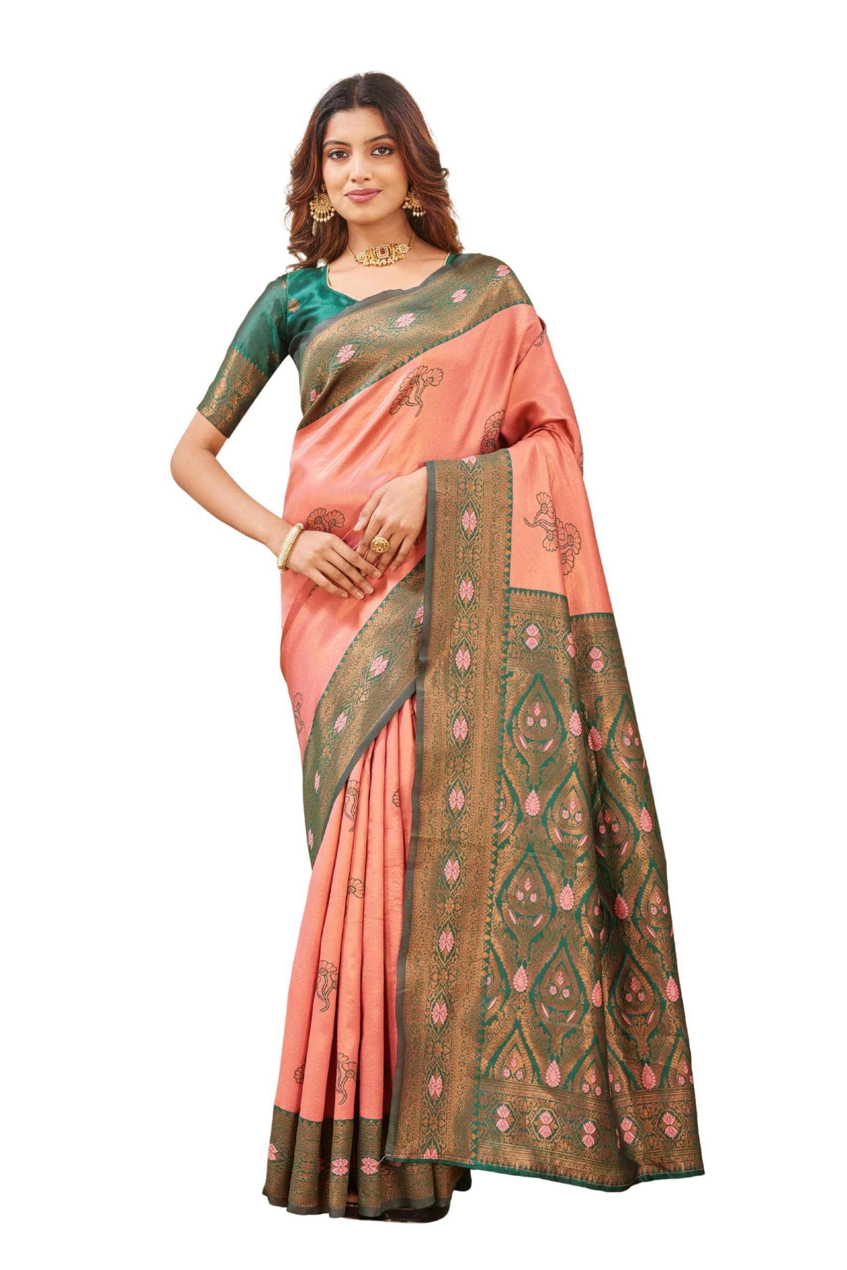 Marchie Fashion Women’s Banarasi Silk Saree with Rich Pallu, Jacquard Zari Weaving Work & Unstitched Blouse Piece, Traditional Ethnic for Wedding, Party & Festive Occasion