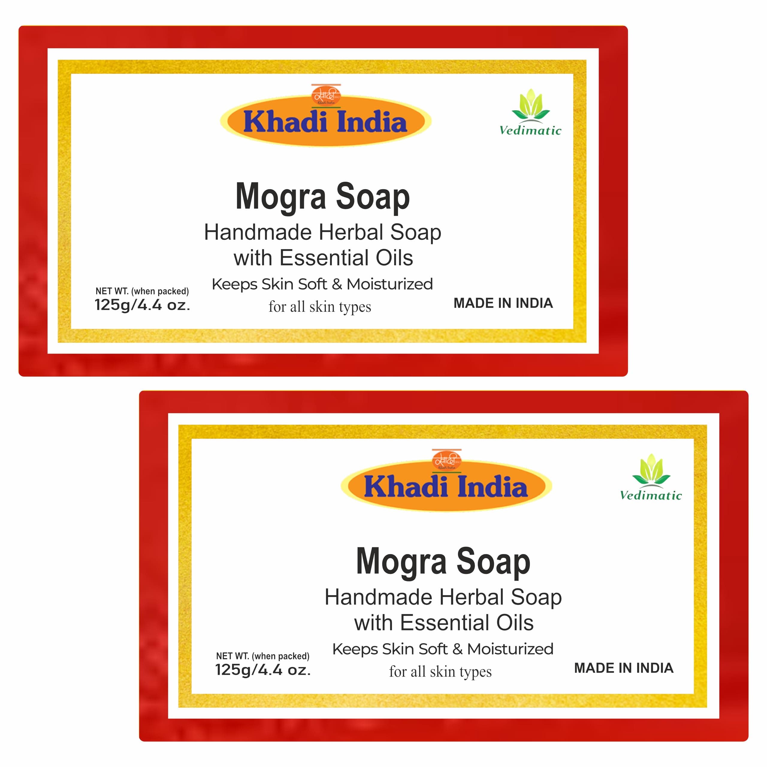 Vedimatic Khadi 100% Pure & Natural Jasmine Soap (Mogra) 125g|Herbal Bathing Soap for Healthy Skin|Natural soap with essential oils|Stress-relieving properties| Suitable for All Skin Types | Pack of 2