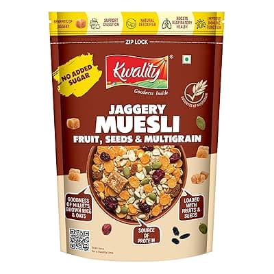 Kwality Muesli Jaggery, Fruits, Seeds & Crunch 400g | Goodness Millets Brown Rice & Oats | 66% Multi Grain Mix Natural Sweetener | High-Fibre, Multigrain Breakfast Cereal with Crunch & Nutrition | Natural sweetner Jaggery