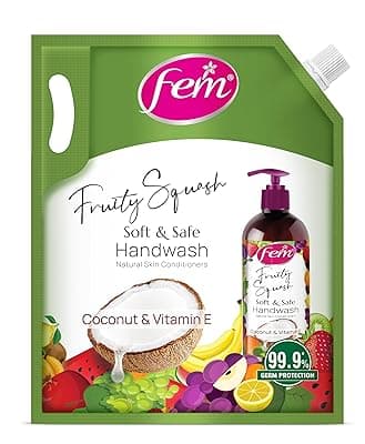 Fem Fruity Squash Soft &amp; Safe Handwash - 1500ml | Enriched with Goodness of Coconut Milk &amp; Vitamin E | Long Lasting Fragrance
