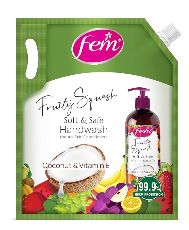 Fem Fruity Squash Soft &amp; Safe Handwash - 1500ml | Enriched with Goodness of Coconut Milk &amp; Vitamin E | Long Lasting Fragrance
