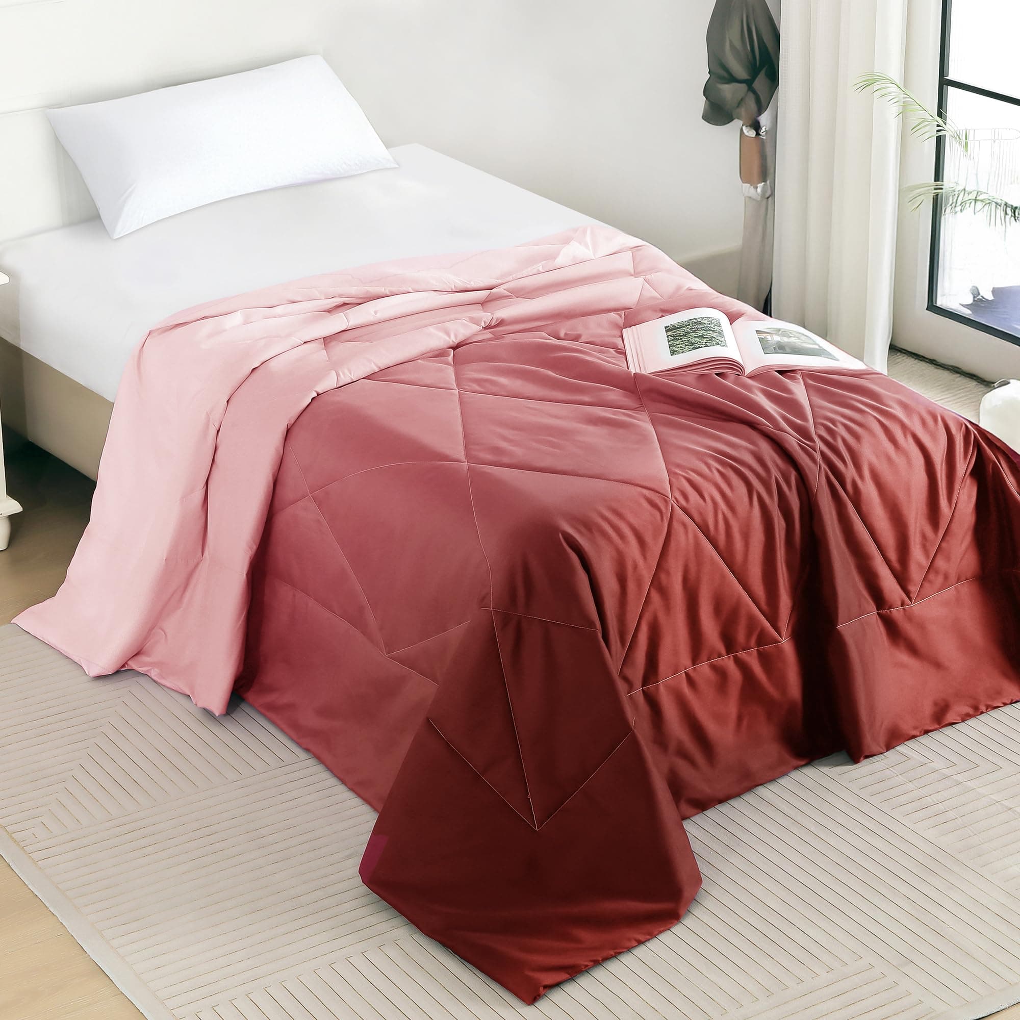 MollisHomes Ac Comforter Single Bed Ombre with Satin Finish 240 GSM - Reversible AC Comforter - Peach & Red Comforter Quilt Duvet Dohar Blanket for Summer 150 x 225cm