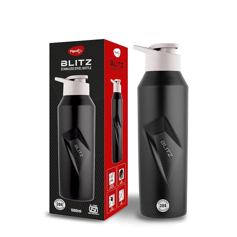 Pigeon Blitz Stainless Steel Water Bottle With Sipper Cap | Eco friendly | BPA Free | Water Bottle for Office, Gym, School, Yoga, Trekking, Adults &amp; Kids| 975 ML, Black