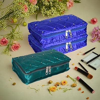 Kuber Industries Makeup Storage Bag | Vanity Pouch | Cosmetic Kit for Travel | 6 Pouch Organizer | Moti Jewellery Pendant | Large | Pack of 3 | Multi