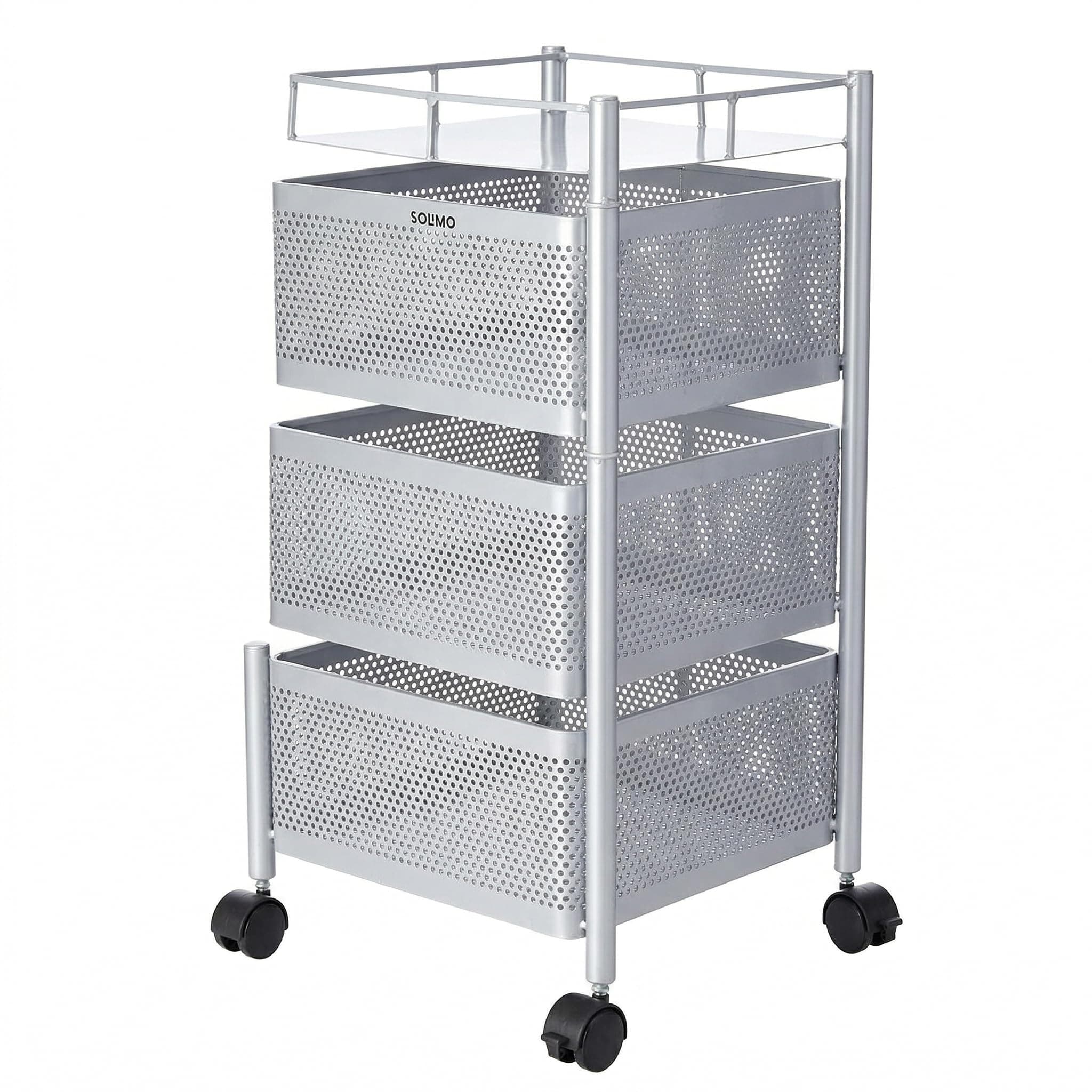 Amazon Brand - Solimo 360° Revolving Preassembled Heavy-Duty 3 Layer Square Portable Trolley with Wheels | Multipurpose Storage Racks | Books, Fruits and Vegetables (Matte,Silver)