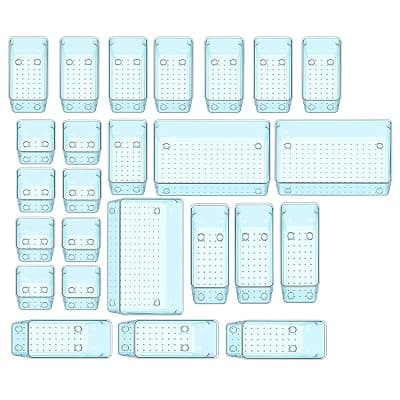 Sulfar 25pcs Bathroom Drawer Tray Dividers Plastic Vanity Organizers Storage Bins For Makeup Dresser Tray (8S+8M+6L+3XL) Blue