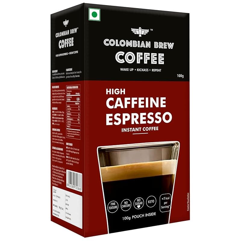 Colombian Brew High Caffeine Espresso Instant Coffee Powder, Strong, 100g