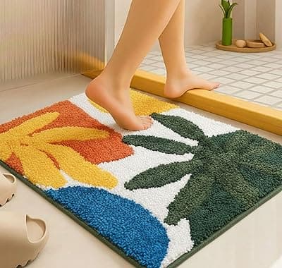 VAS COLLECTIONS Luxurious 2000 GSM Microfiber Bath Mat | Super Soft, Thick &amp; Fluffy | Anti-Skid, Super Absorbent, Bathroom/Bedroom/Kitchen/Door Mat (40x60 cm, Pack of 1) (Blue &amp; Yellow Leaf)