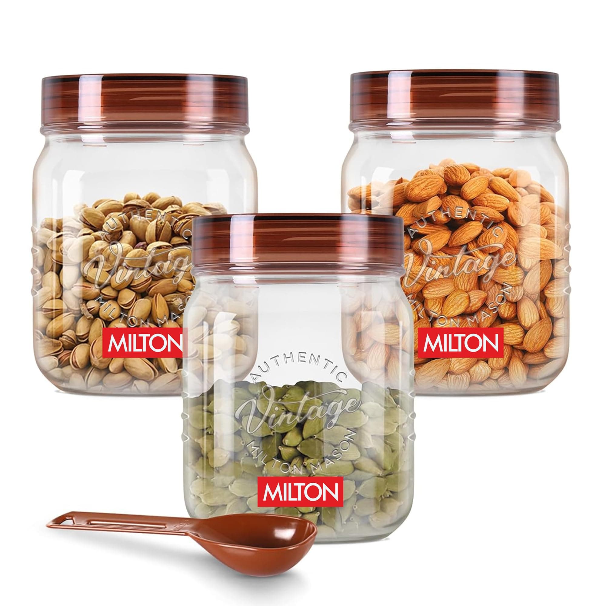 MILTON Vintage Airtight Containers with Spoons for Kitchen Storage, Food Grade Plastic, Stackable & Transparent Organizer Jars, Masala Dabba, Set of 3 (500 ml each) for Tea, Coffee, Sugar, Dry Fruits