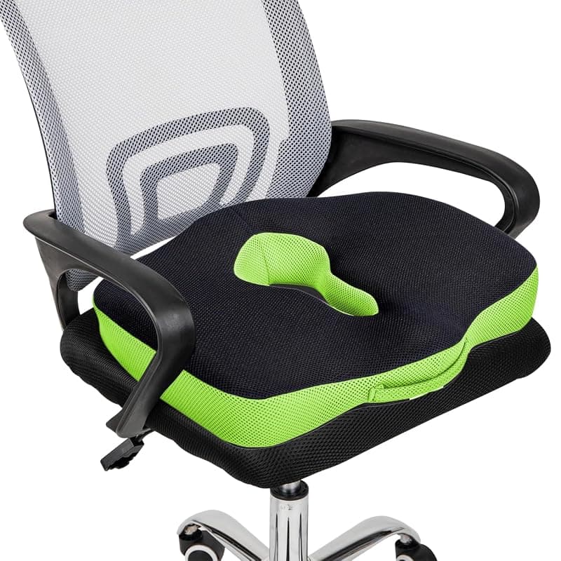 Sleepsia Orthopedic Coccyx Seat Cushion/Pillow with Memory Foam for Sciatica, Tailbone and Back Pain Relief (Black/Green)