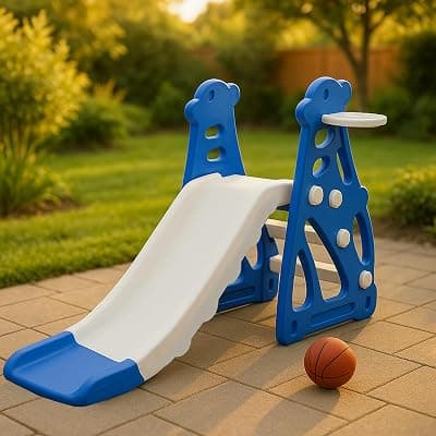 Kidsmate Super Slide for Kids 2-5 Yrs | Indoor &amp; Outdoor Slide with Basketball Ring | Anti-Slip Steps &amp; Safe Rounded Edges | Lightweight &amp; Sturdy | Quick Assembly | Max Load 25kg - Blue &amp; White
