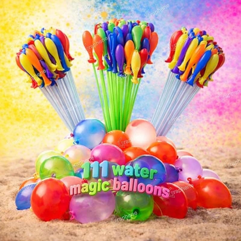 GRAPHENE Set of 3 Bunch 111 Holi Magic Water Balloons With Adapter Automatic Latex Non Toxic Vibrant Color Quick Fill Easy Tie Water Balloon Summer Fight Holi Celebration for Unisex Kids Boy Girl