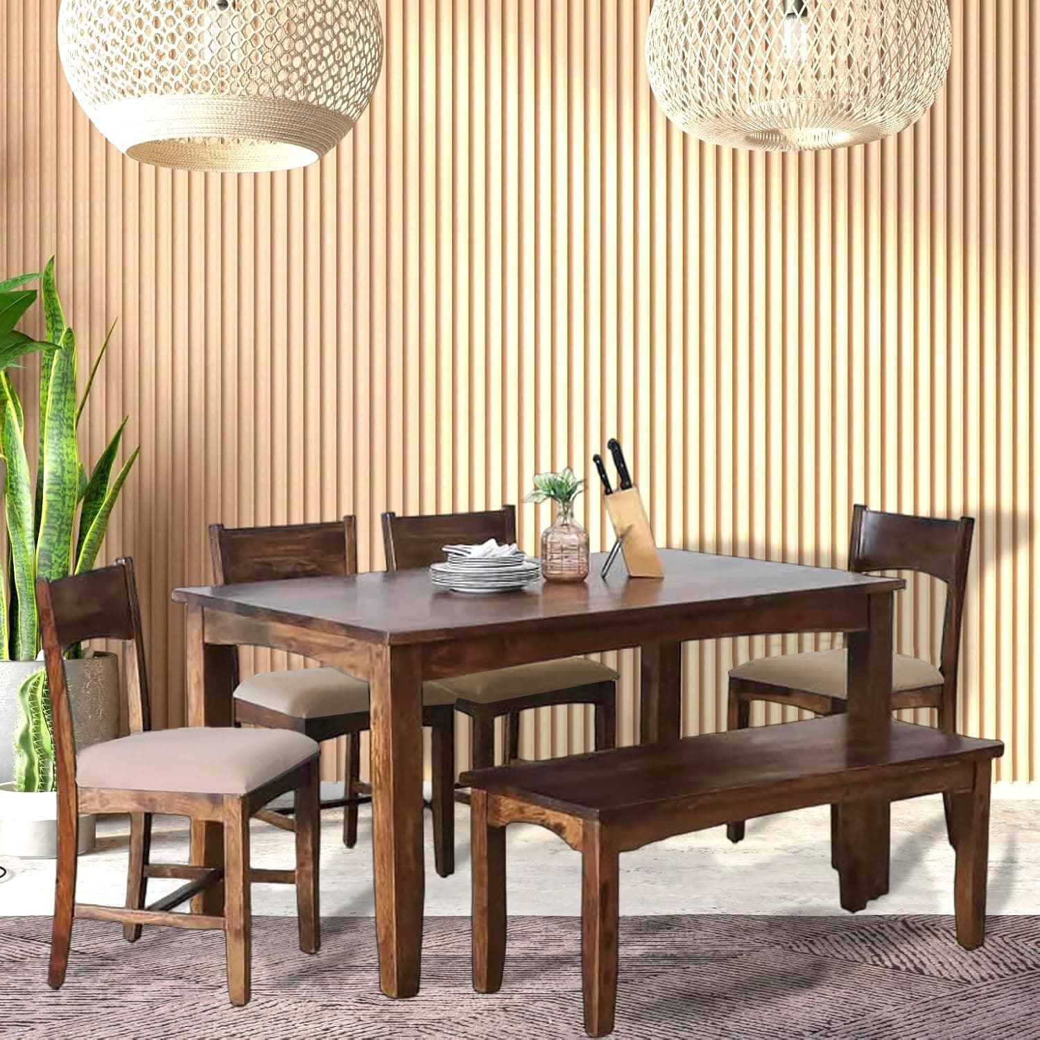 EXCEL HOME 6-Seater Dining Room Set, Solid Wood Table with 4 Chairs and Bench, Provincial Teak Finish with Grey Cushions