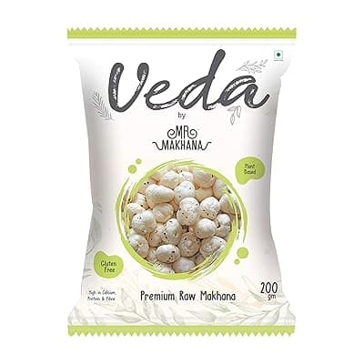 Mr. Makhana Veda Premium Plain &amp; Raw Phool Makhana &amp; Foxnuts : Plant Based, Gluten Free, High in Calcium, Protein &amp; Fiber (200 Gms, 1)