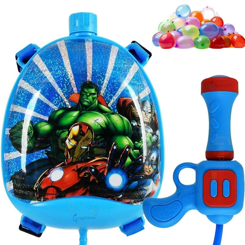 GRAPHENE 1.1L Holi Pichkari Superhero Blue Water Gun for Kids with Backpack Tank High Pressure Long Throw Water Gun with Adjustable Strap & 100 Water Balloons Outdoor Summer Fun for Boys & Girls