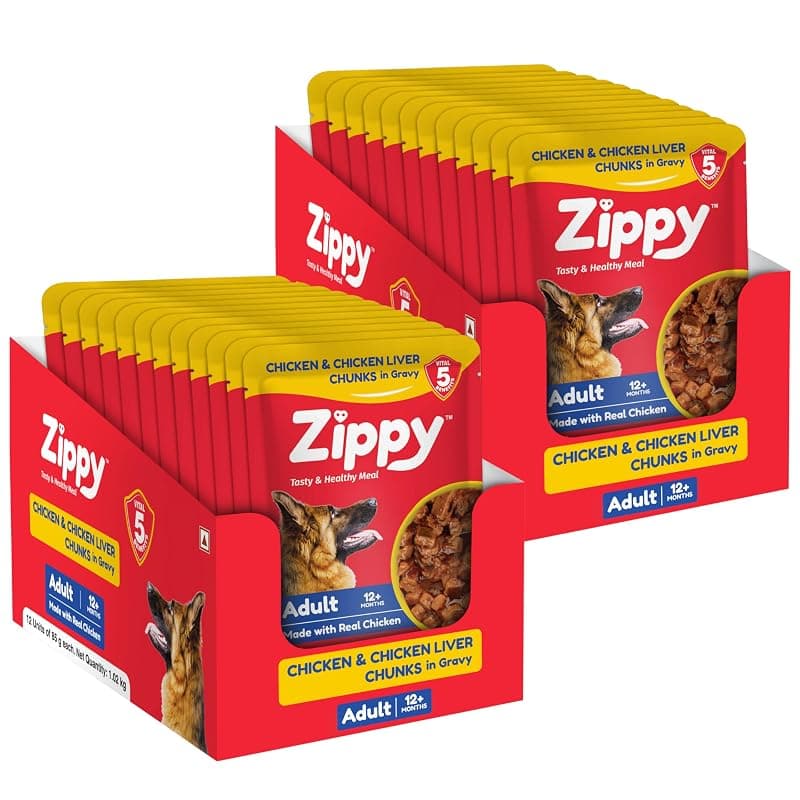 ZIPPY+12 Month Adult Dog Food Chicken & Liver Chunks in Gravy of Real Chicken | Meal Helps Strengthen Your Dog’s Immune System| Minerals Contribute Maintaining Strong Bones & Teeth (Pack of 24)