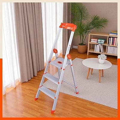 Bathla Elevate 3-Step Foldable Aluminium Ladder for Home with Tool Tray | Anti-Skid | Durable, Heavy Duty, Safe &amp; Stylish | 5-Year Warranty | Orange