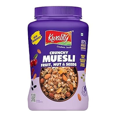 KWALITY Muesli Fruit, Nut &amp; Seeds 900g Jar, 87% Multi Grains, No Maida, Natural Source Of Vitamin &amp; Iron, High In Protein &amp; Fiber, Low Fat &amp; Cholesterol, Healthy Breakfast Cereal
