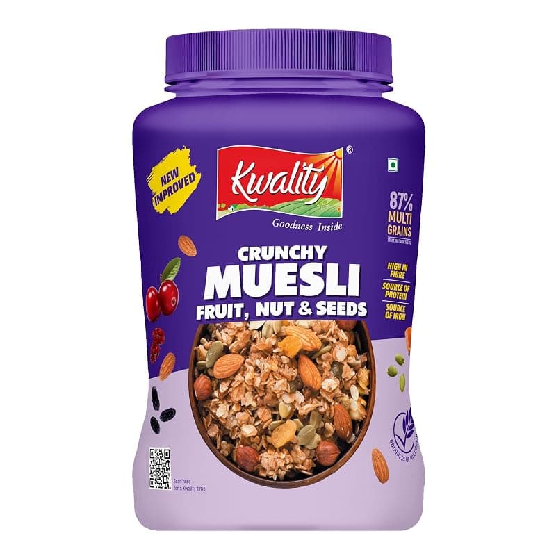 KWALITY Muesli Fruit, Nut &amp; Seeds 900g Jar, 87% Multi Grains, No Maida, Natural Source Of Vitamin &amp; Iron, High In Protein &amp; Fiber, Low Fat &amp; Cholesterol, Healthy Breakfast Cereal