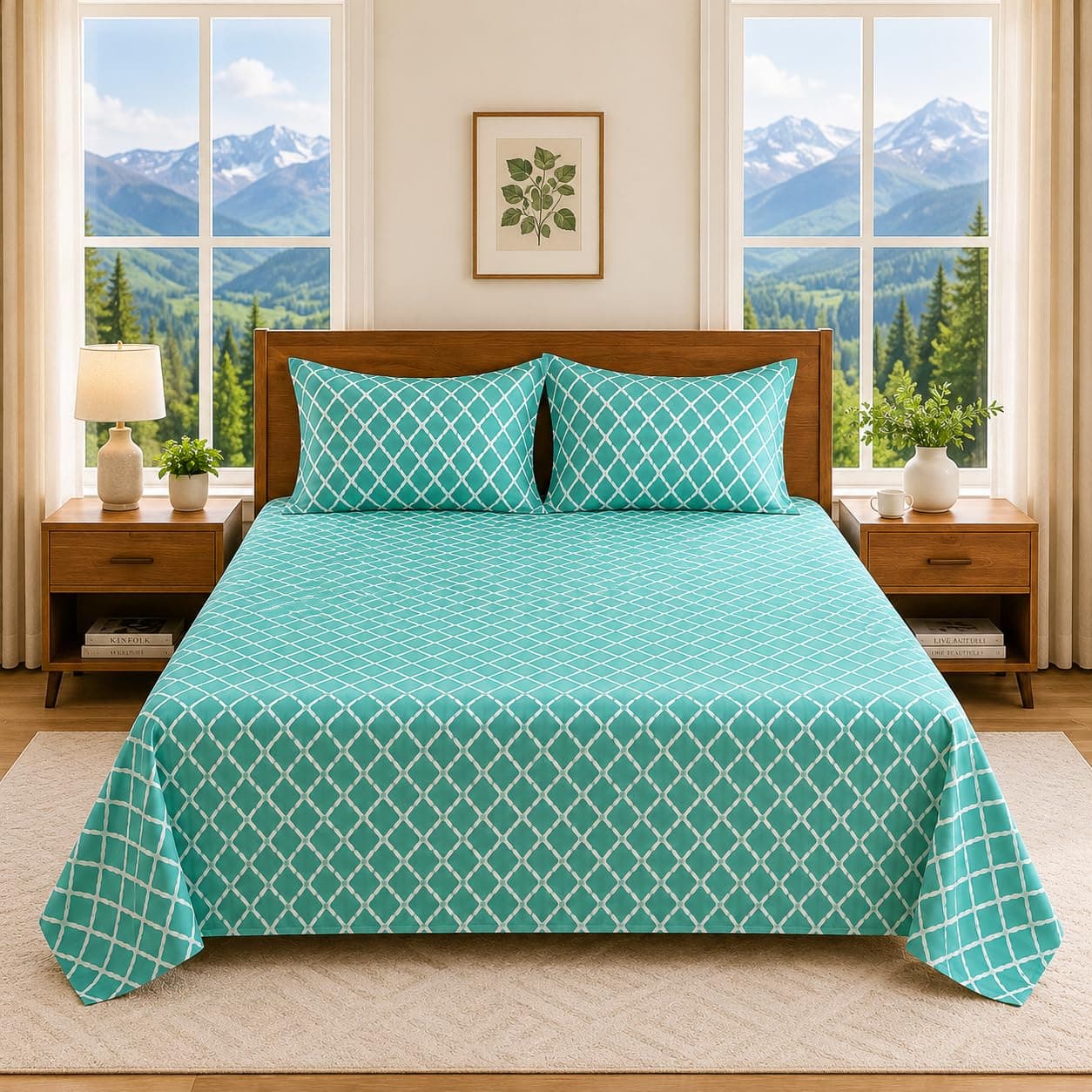 Linen and Loom Teal Geometric Queen Size Bedsheet with 2 Pillow Covers | Soft, Breathable & Bedding Set | Modern Diamond Pattern Room Decor (90 x 100 Inches)