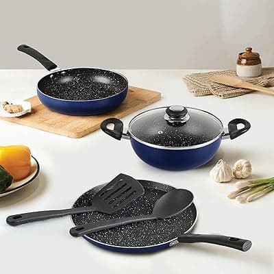 Cello Regal Set of 5 Pieces Kitchen Cookware Set, Blue | 1 Pc Dosa Tawa, 1 Pc Fry Pan, 1 Pc Kadhai with Glass Lid &amp; 2 Nylon Spatula | Gas Stove &amp; Induction Friendly Aluminium Non Stick Cookware Set