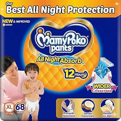 Mamypoko pants All night absorb| Pant Style Baby Diapers X- Large Size(XL), 68 Count, Ideal for 12-17Kgs|1 Diaper= Upto All night Absorption|Wider Crisscross Sheet|Gentle Coco Care| 12hr Leakage Protection| Prevents Heaviness (Pack of 2)