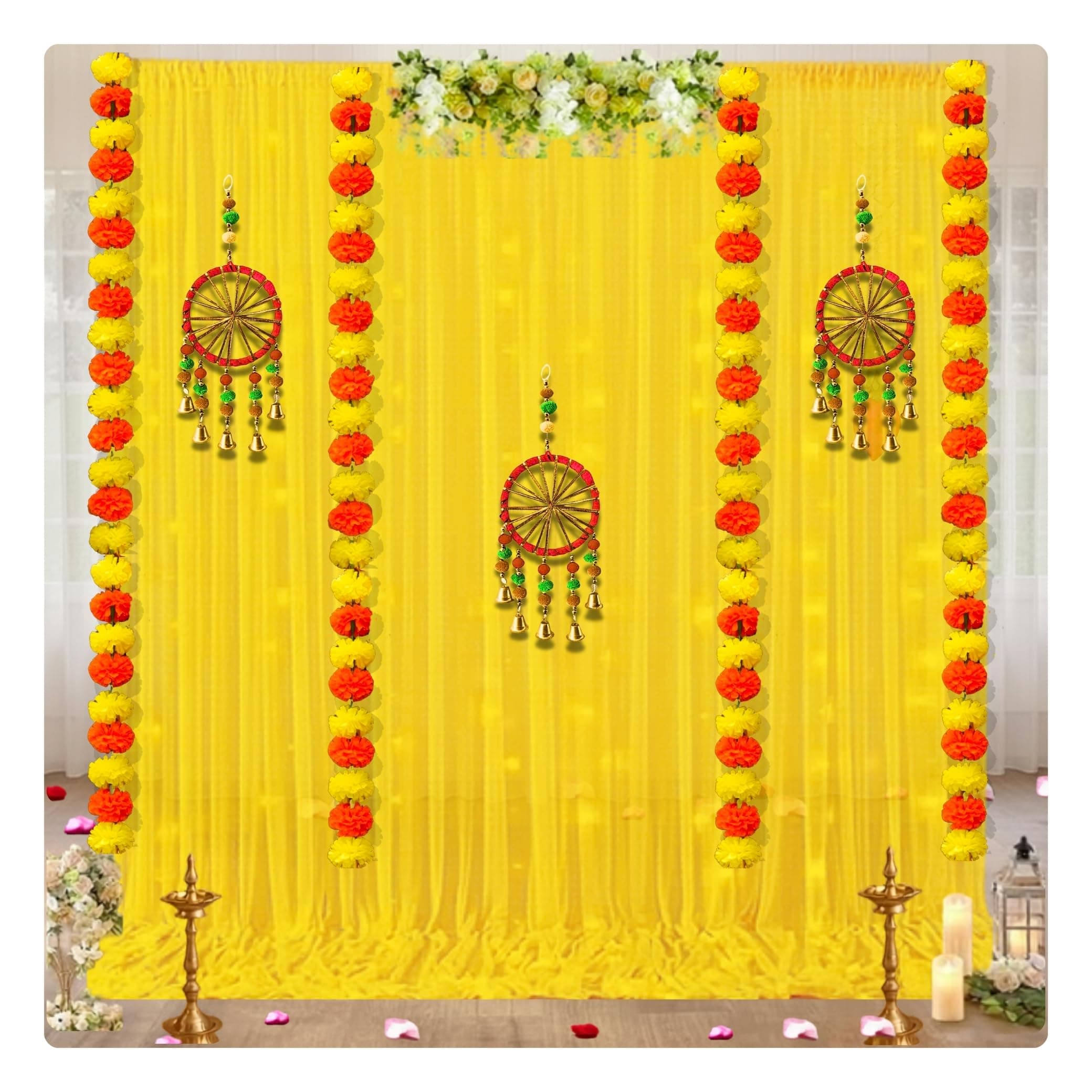 Shimmers Festive Decoration Kit Set of 12 | Marigold Garlands, Dream Catcher Wall Hangings, Yellow Curtains & Hooks | Traditional Backdrop Decor for Diwali, Pooja, Housewarming & Home Celebration
