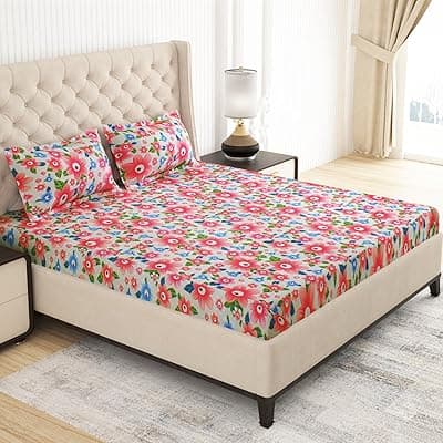 MollisHomes Double Bed bedsheet, Set of 1 Microfiber Bedsheet for Double Size Bed with 2 King Size Pillow Cover Set, Pink Bed Sheet Floral Design, 220 x225 cm, Bed Sheet Combo for Home Décor