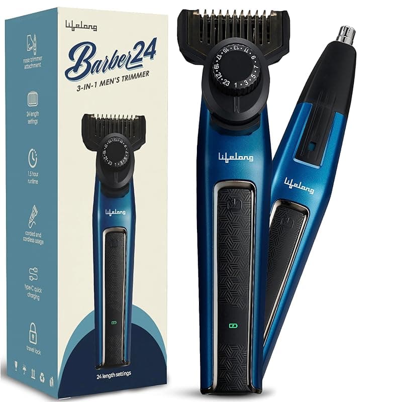 Lifelong Beard Trimmer for Man | Trimmer Men Beard | All in One 24 Length Settings Cordless Rechargeable Shaving Machine for Beard, Hair, Nose & Full Body | 1.5Hr, TypeC, 1.5Hr Runtime | Grooming Kit