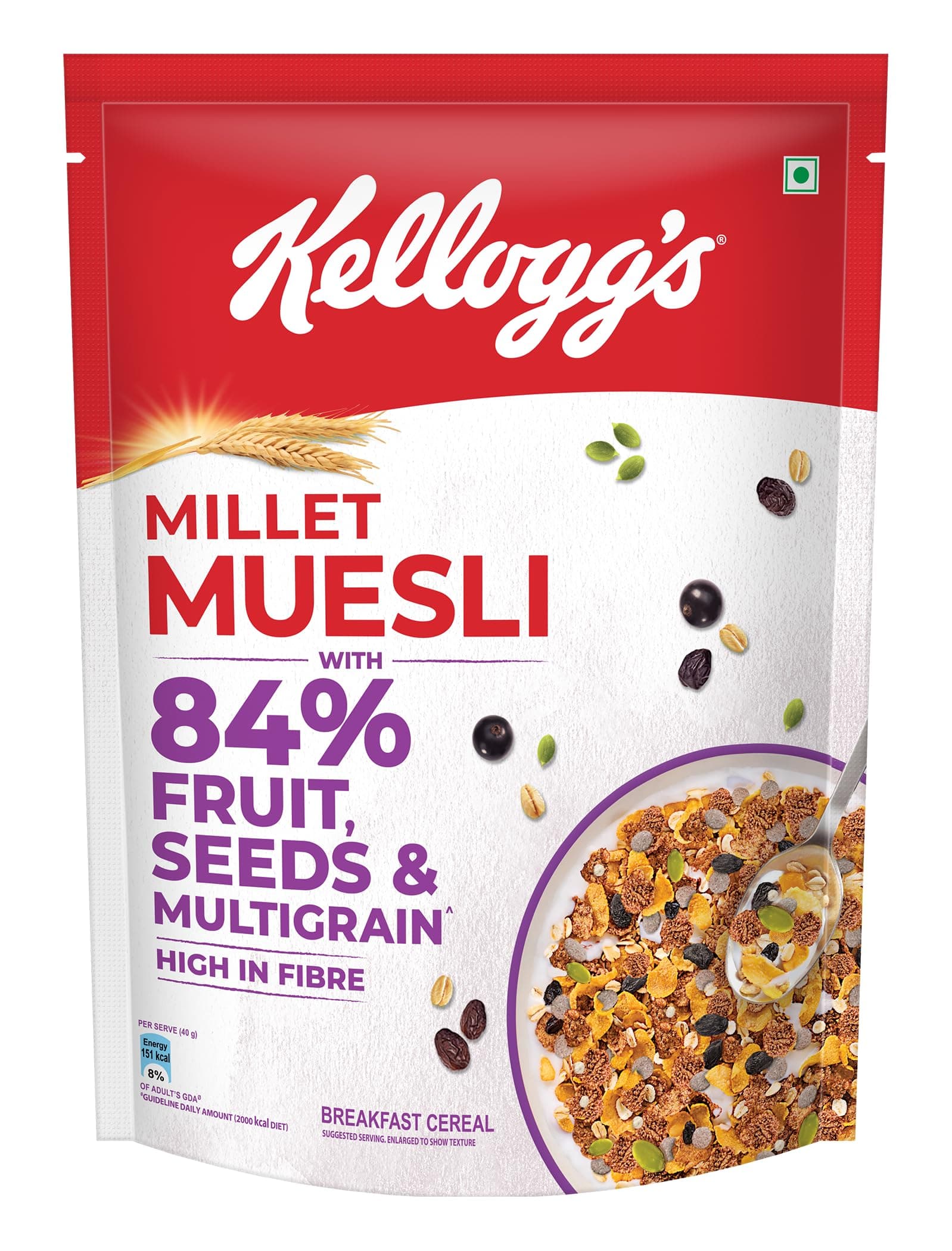 Kellogg's Millet Muesli with 84% Fruit, Seed & Multigrain| Power Breakfast | No Maida No Palm Oil | India's No 1 Muesli | 500g