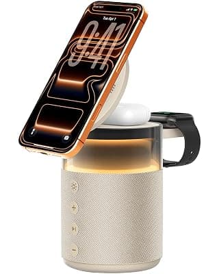 eller santé® 4in1 Bluetooth Speaker 15W Magnetic Mag-safe Wireless Charger for iPhone 17/16/15/14/13/12 Series,iwatch, Airpods Fast Charging Dock Phone Stand with Night Light &amp; Music Sound-Light Brown