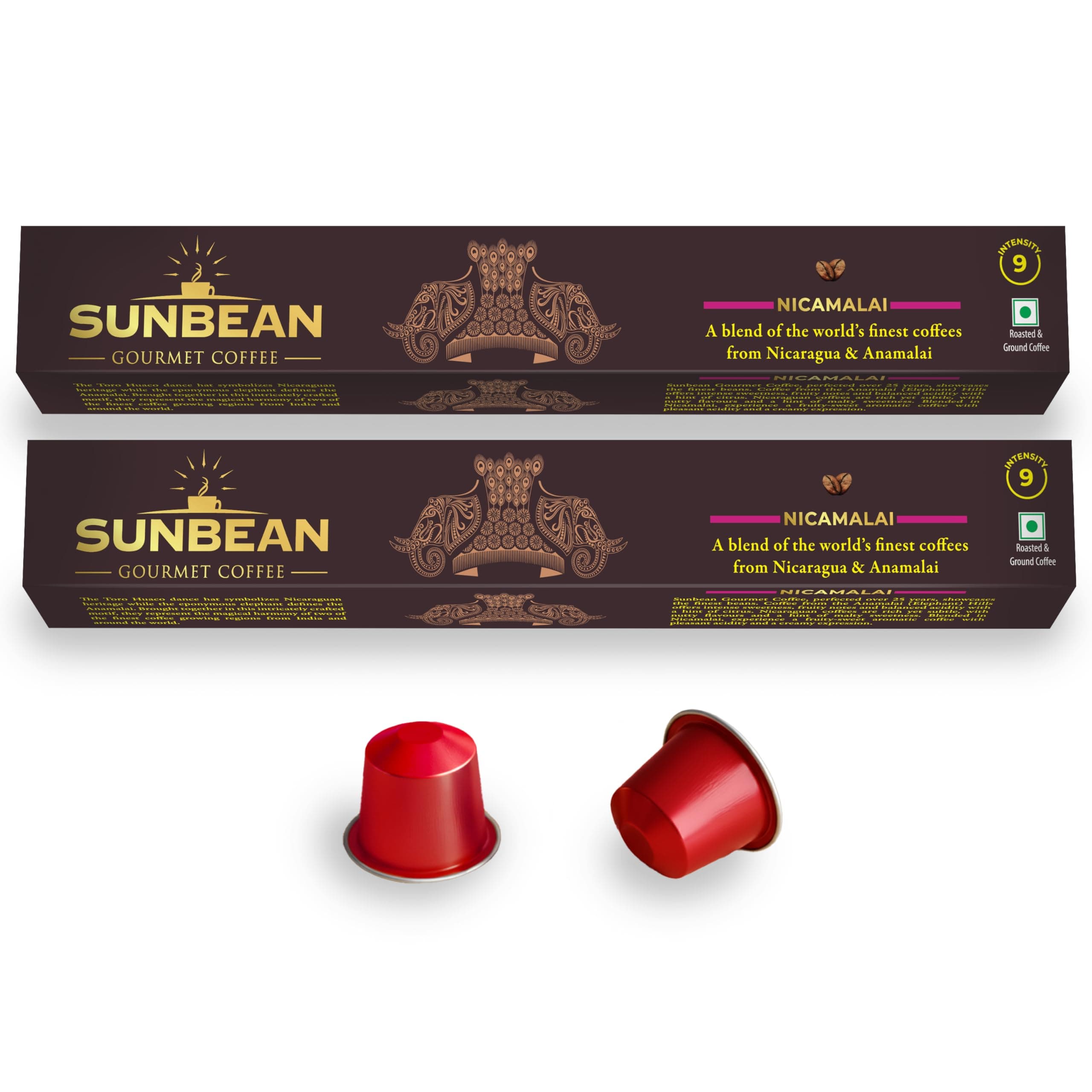 SUNBEAN Nicamalai Gourmet Coffee Capsules Box | Intensity - 9 | Nespresso® Compatible | Single Serve | Medium-Dark Roast | Pack of 20
