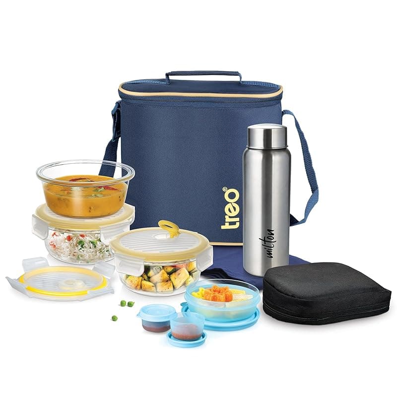 Treo By Milton All Fresh Borosilicate Glass Round Tiffin with Durable Carry Jacket, Stainless Steel Bottle,Set of 8,Microwave &amp; Oven Safe,Leak Proof,Air Vent Lid,Scratch Resistant,Office,School,Travel