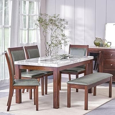 Home Centre 6 Seater Harmony Rubber Wood Dining Set with 4 Chairs and 1 Bench | Rubber Wood Dining Table Sets for Dining Room|(Brown) 1 Year Warranty