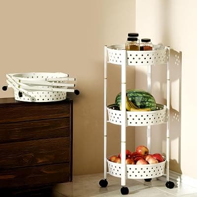 Lifelong Alloy Steel Kitchen Storage Rack|3-Layer Baskets|Foldable & Rolling Storage Cart|Trolley with Wheels|Vegetable Stand|Onion, Potato & Fruits Rack for Kitchen Organizer (LLKAFB03, White)