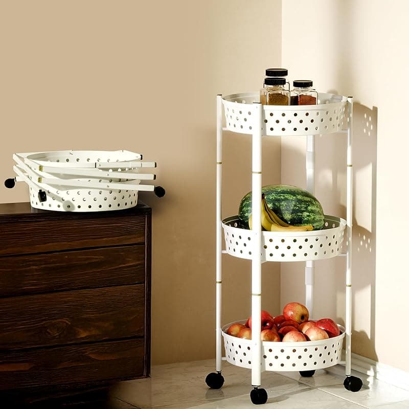 Lifelong Alloy Steel Kitchen Storage Rack|3-Layer Baskets|Foldable & Rolling Storage Cart|Trolley with Wheels|Vegetable Stand|Onion, Potato & Fruits Rack for Kitchen Organizer (LLKAFB03, White)