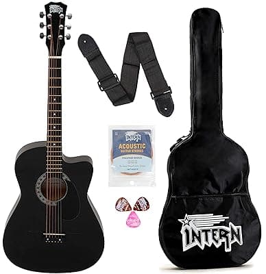 Intern INT-38C-BK-G 38 Inches basswood Cutaway Right Handed Acoustic Guitar Kit, With Bag, Strings, Pick And Strap (Black, 6 Strings) Glossy.