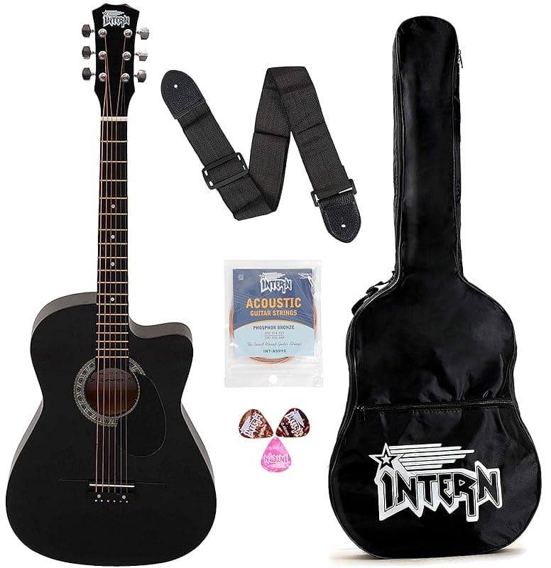 Intern INT-38C-BK-G 38 Inches basswood Cutaway Right Handed Acoustic Guitar Kit, With Bag, Strings, Pick And Strap (Black, 6 Strings) Glossy.