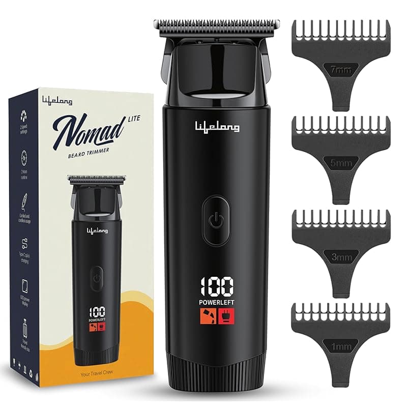 Lifelong Mini Beard Trimmer for Man | Trimmer Men Beard | Cordless Portable All in One Trimmer for Man | Skin Friendly Shaving Machine with 4 Combs, 1.5Hr TypeC Rechargeable, 2Hr Runtime, Travel Lock