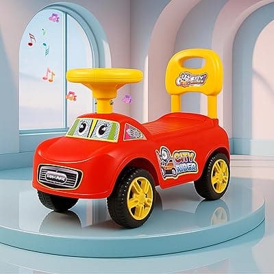 Kidsmate City Rider Musical Ride-On Car for Kids | Fun & Safe Baby Push Car with Steering Wheel & Comfortable Backrest |Perfect for Indoor & Outdoor Fun for Toddlers 1.5+ Years - Red/Yellow
