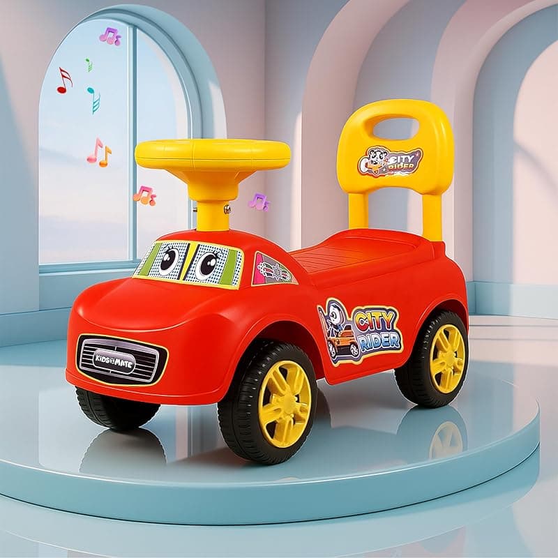 Kidsmate City Rider Musical Ride-On Car for Kids | Fun & Safe Baby Push Car with Steering Wheel & Comfortable Backrest |Perfect for Indoor & Outdoor Fun for Toddlers 1.5+ Years - Red/Yellow