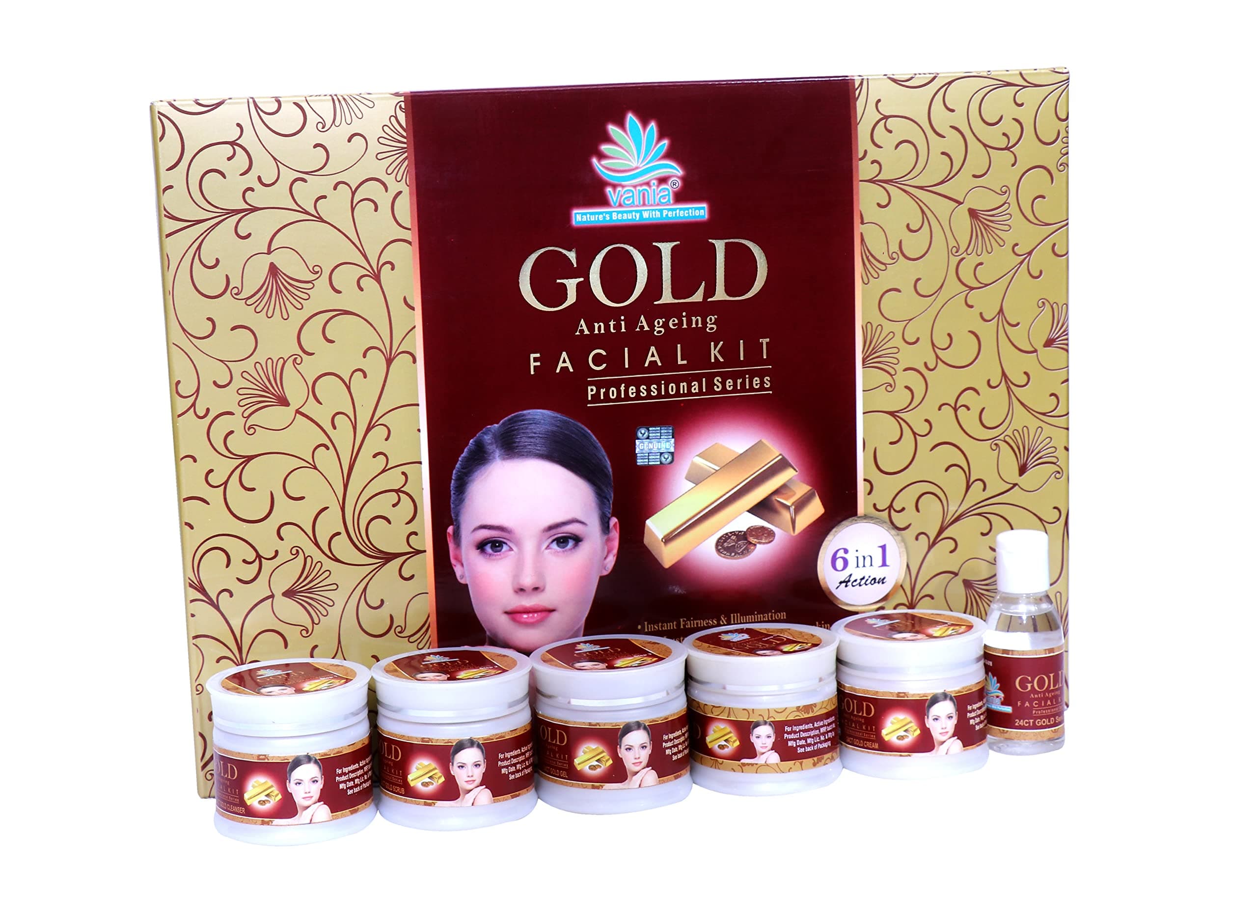 Vania Gold Facial Kit 300g - Anti-Aging, Improves Skin Elasticity, Replenishes Moisture, Nourishes Skin, Enhances Radiance, 6-in-1 Action for Face & Body, Rich Glow, Unisex