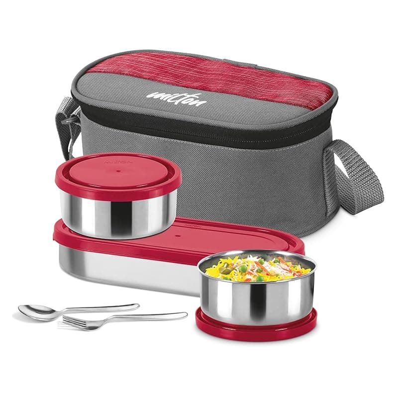 MILTON Master Lunch Box with Insulated Fabric Jacket, 3 Containers (1 Oval Stainless Steel 450 ml, 2 Stainless Steel 280 ml Each Spoon &amp; Fork), Leak-Proof Tiffin for Office, School, College, Red