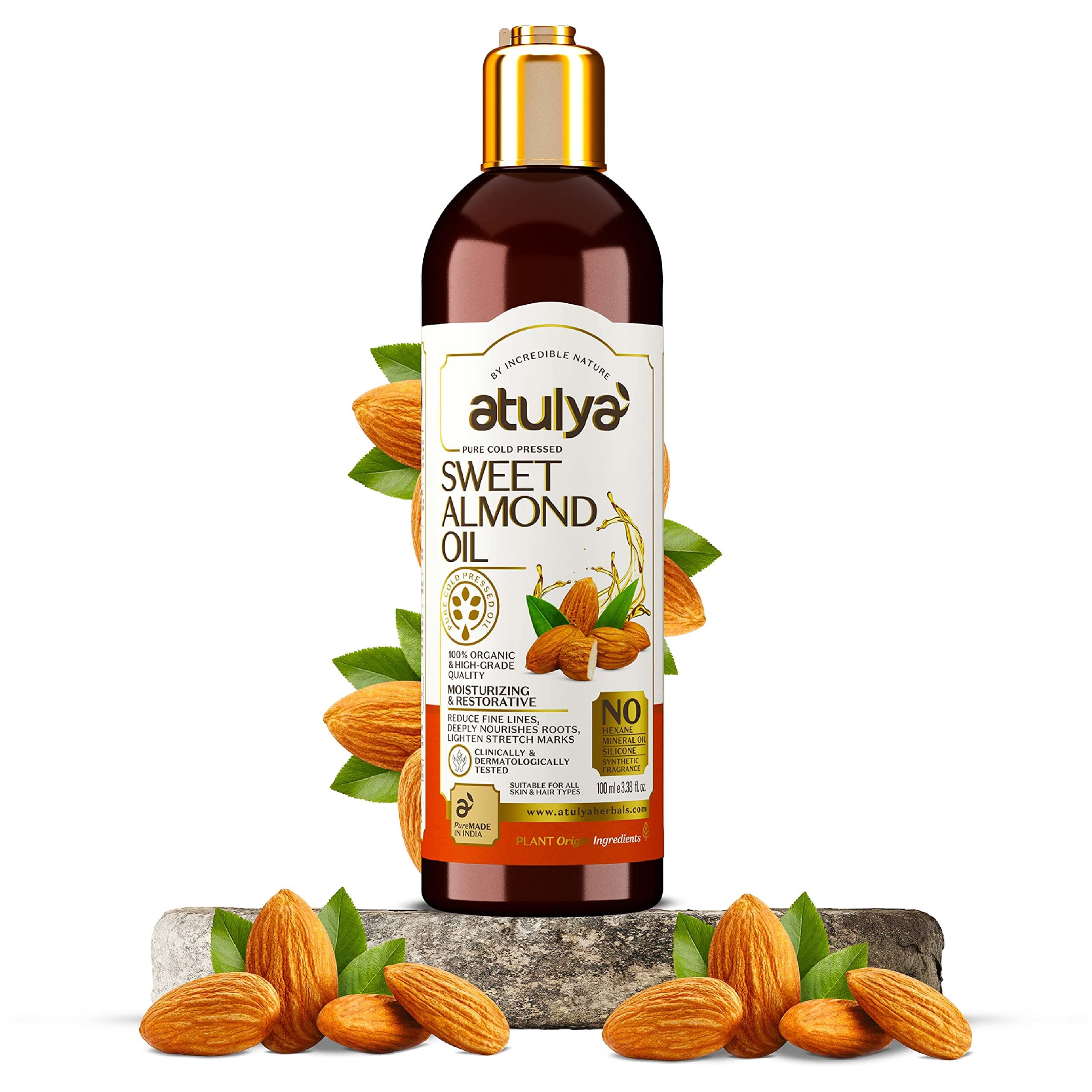 Atulya Pure Cold Pressed Sweet Almond Oil | Nourishing Oil for Skin | Oil for Reducing Stretch Marks & Fine Lines | Mineral Oil & Silicone Free | Suitable for All Skin Types